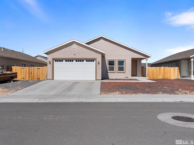 ranch-style house with an attached garage, driveway, fence, and stucco siding