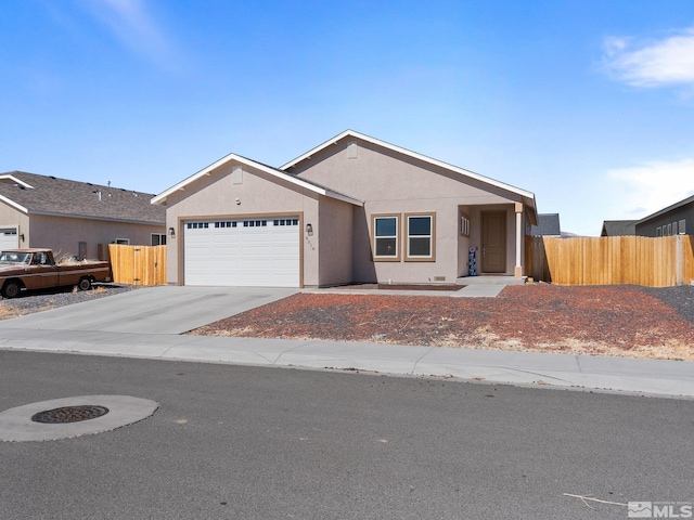 ranch-style house with a garage, driveway, fence, and stucco siding