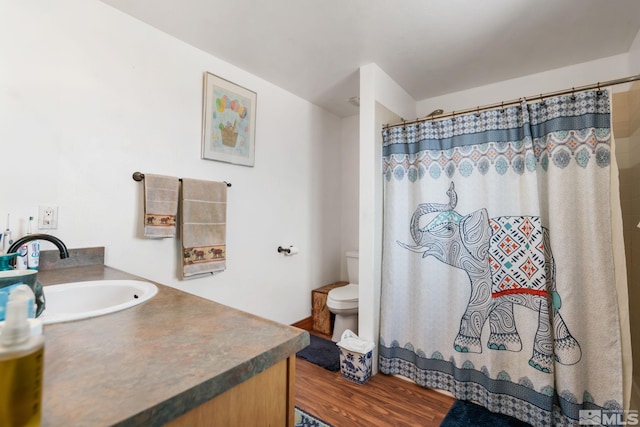 bathroom with toilet, curtained shower, wood finished floors, and vanity