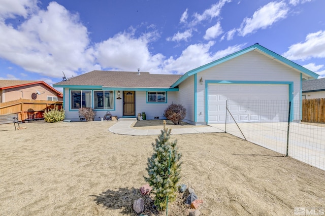 single story home with a garage, concrete driveway, crawl space, and fence