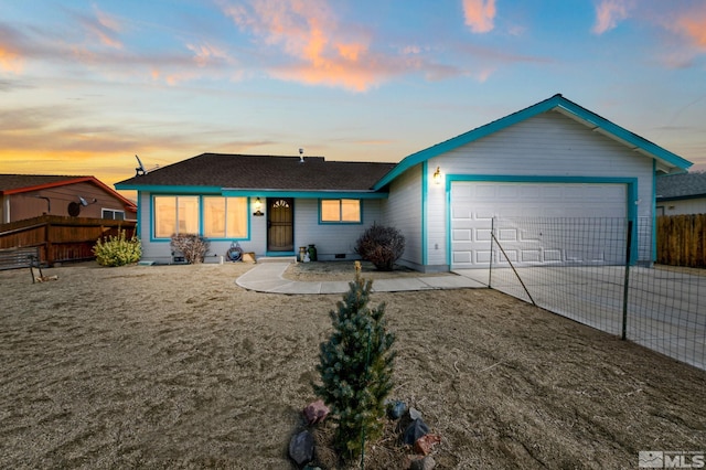 single story home featuring an attached garage, crawl space, fence, and concrete driveway