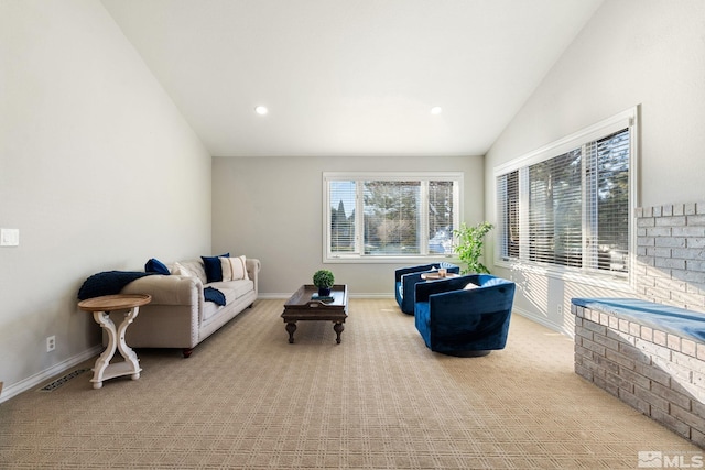 living area featuring recessed lighting, baseboards, visible vents, and carpet flooring