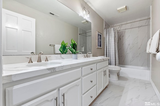 full bathroom with toilet, a sink, visible vents, marble finish floor, and double vanity
