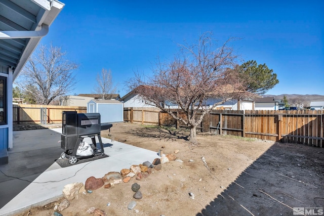 view of yard featuring a shed, an outdoor structure, a fenced backyard, and a patio