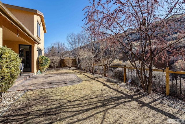 view of yard with a fenced backyard and a patio