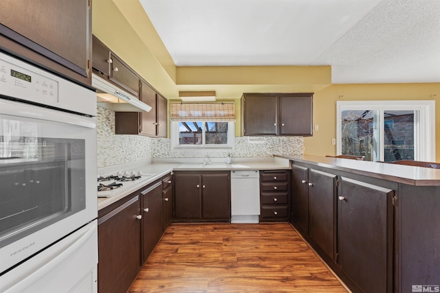 kitchen featuring dark wood-style floors, light countertops, dark brown cabinetry, white appliances, and a peninsula