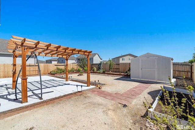 view of patio featuring an outbuilding, a pergola, a fenced backyard, and a shed