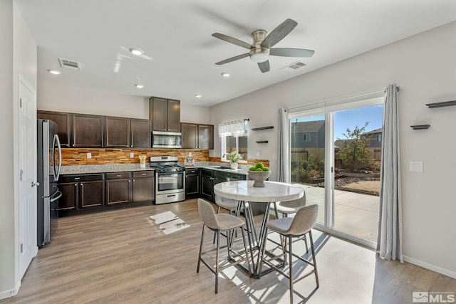 kitchen with light wood-style flooring, dark brown cabinetry, stainless steel appliances, visible vents, and decorative backsplash