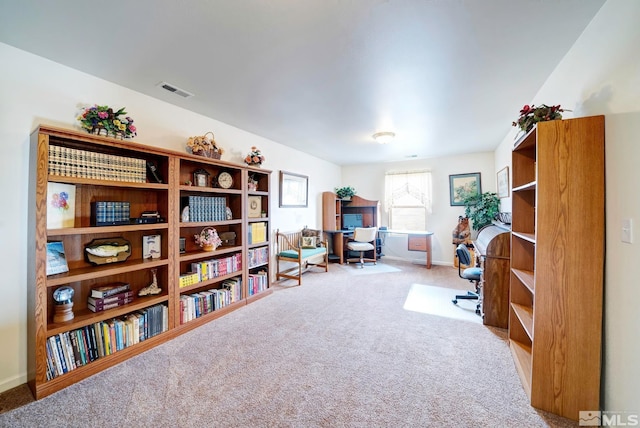 home office with carpet floors, visible vents, and baseboards