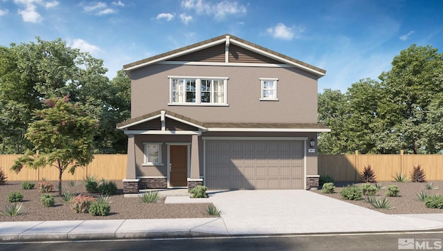 view of front of house featuring a garage, stone siding, fence, and concrete driveway