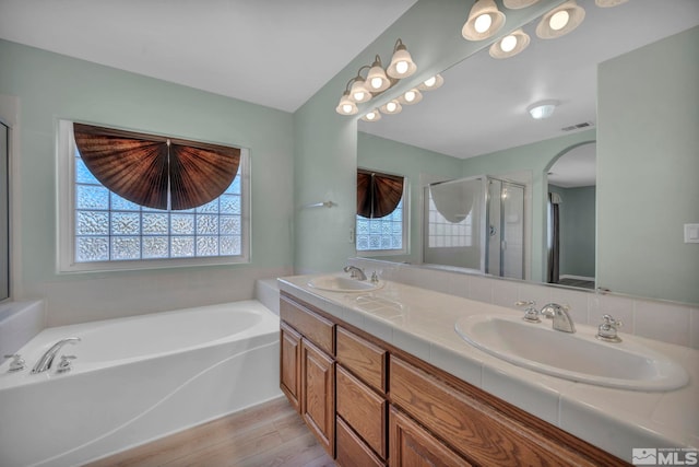 bathroom featuring a bath, plenty of natural light, a sink, and visible vents