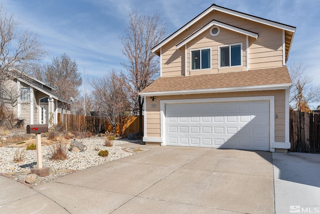 view of home's exterior featuring a garage, fence, and roof with shingles