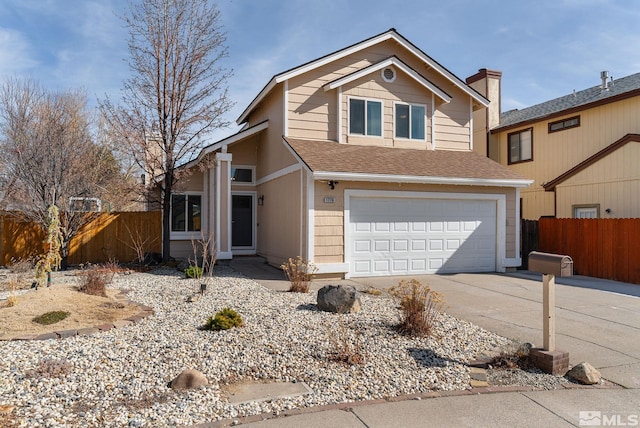 traditional home featuring a garage, a shingled roof, fence, driveway, and a chimney