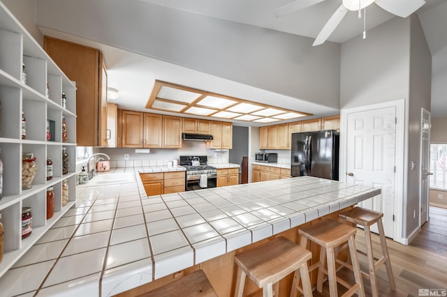 kitchen featuring tile countertops, stainless steel appliances, a sink, and under cabinet range hood