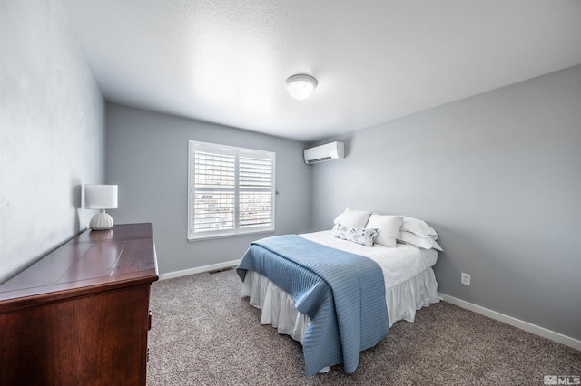 bedroom featuring baseboards, carpet, visible vents, and an AC wall unit