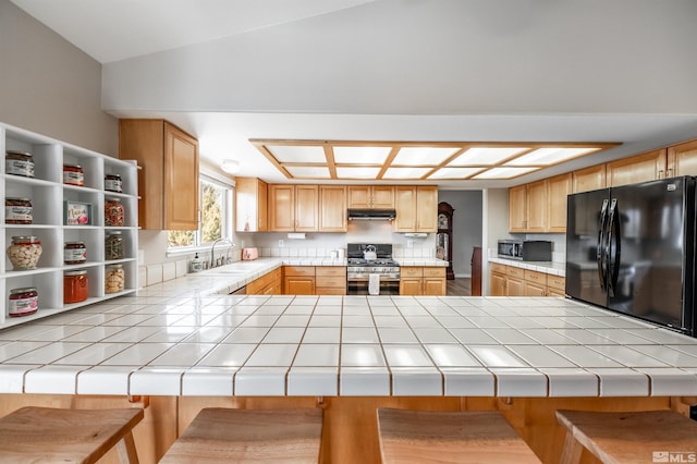 kitchen with tile countertops, under cabinet range hood, stainless steel appliances, and a sink