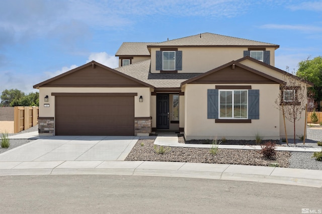 view of front of house featuring an attached garage, a shingled roof, fence, driveway, and stucco siding