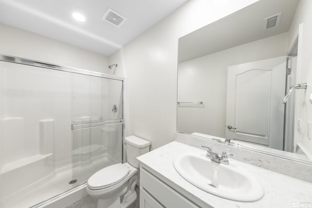 full bath with a stall shower, visible vents, vanity, and toilet