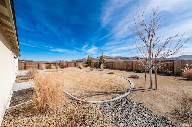 view of yard with a fenced backyard and a mountain view