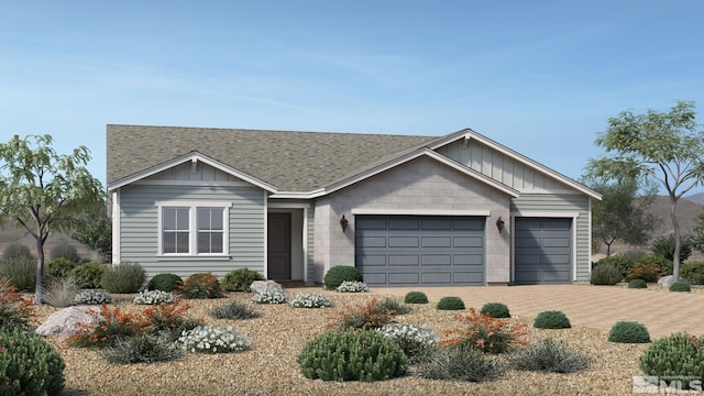 ranch-style home with decorative driveway, board and batten siding, an attached garage, and a shingled roof