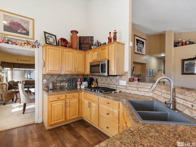 kitchen featuring appliances with stainless steel finishes, backsplash, a sink, and light brown cabinetry