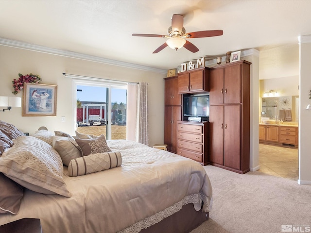 bedroom with ensuite bathroom, light carpet, a ceiling fan, access to exterior, and ornamental molding