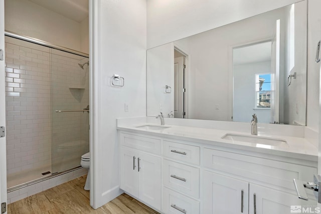 bathroom with toilet, a stall shower, double vanity, and a sink