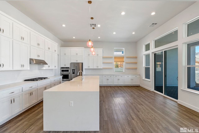 kitchen with under cabinet range hood, dark wood-style floors, white cabinetry, and stainless steel appliances