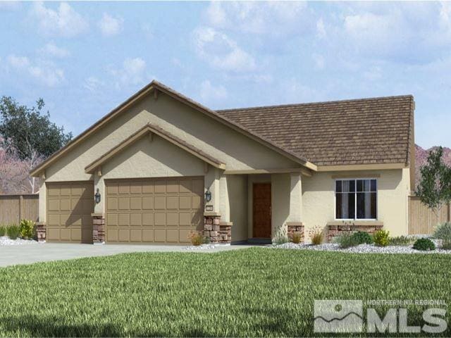 view of front of home with a garage, driveway, a front lawn, and stucco siding