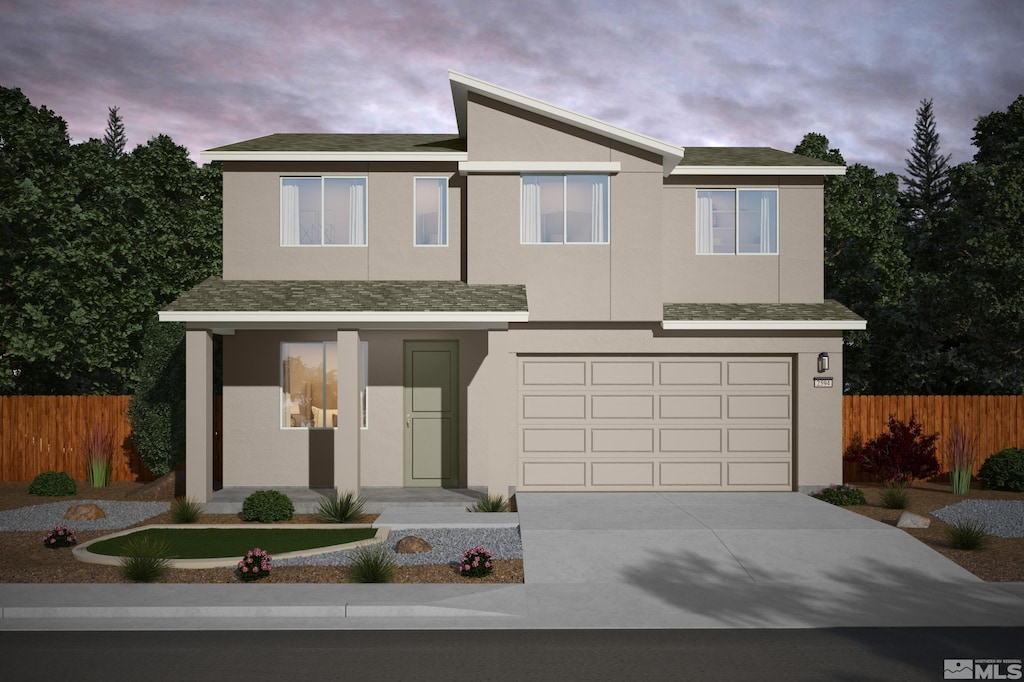 modern home featuring driveway, covered porch, fence, and stucco siding