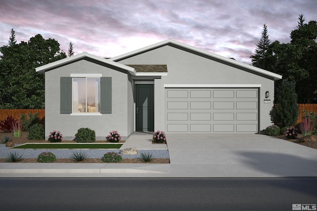 ranch-style home featuring a garage, fence, concrete driveway, and stucco siding