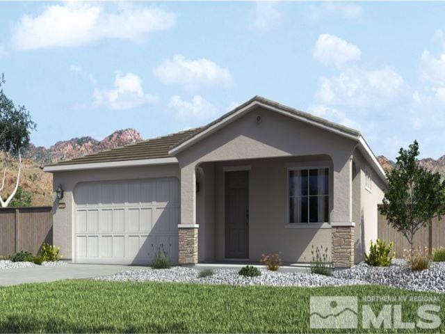 view of front of home featuring a garage, driveway, fence, and stucco siding