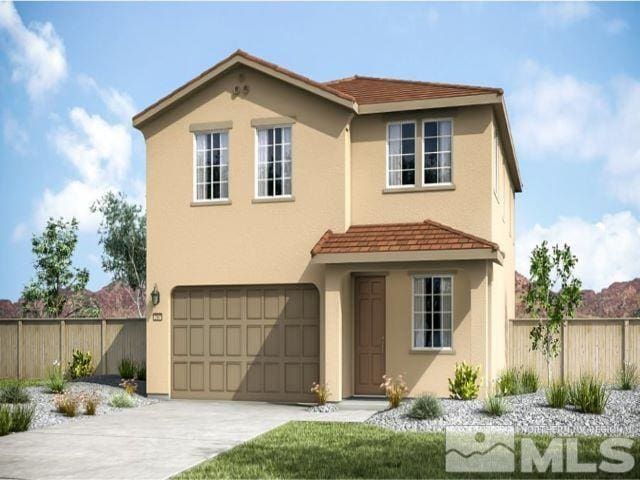 view of front facade featuring a tile roof, stucco siding, concrete driveway, fence, and a garage