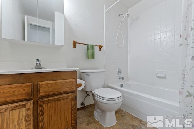 full bath featuring shower / bathtub combination with curtain, toilet, and vanity