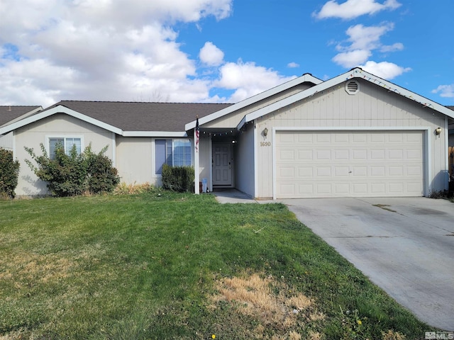 single story home featuring a garage, a front yard, concrete driveway, and roof with shingles