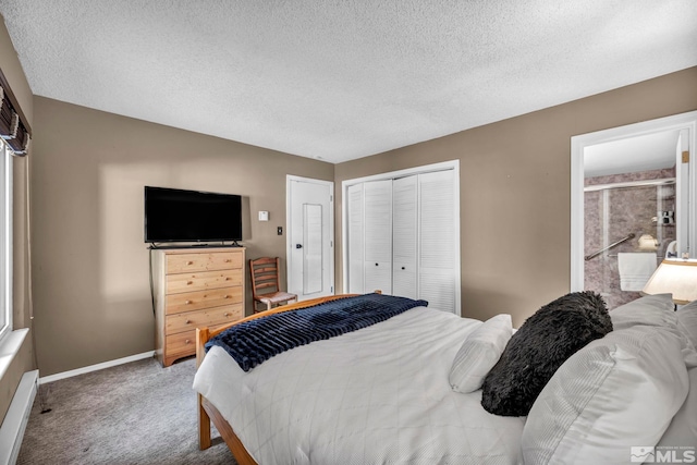 carpeted bedroom with a textured ceiling, baseboards, and a closet