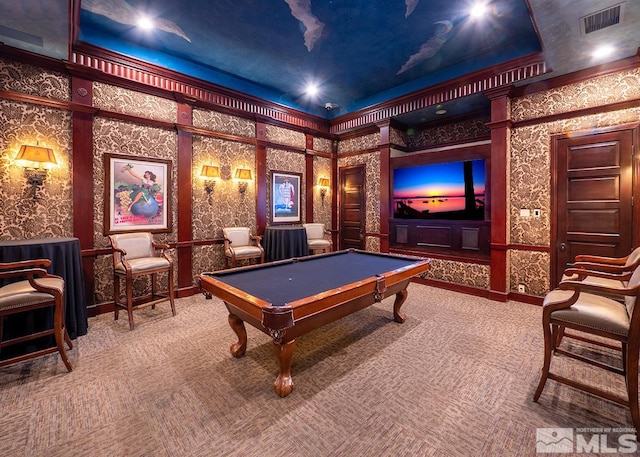 recreation room with carpet floors, pool table, visible vents, and wallpapered walls