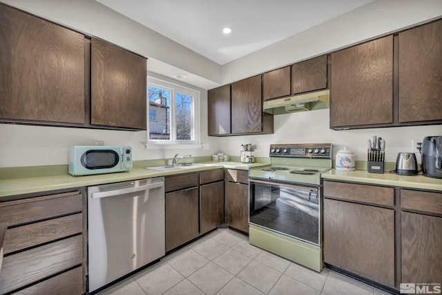 kitchen featuring electric range oven, white microwave, a sink, dishwasher, and under cabinet range hood