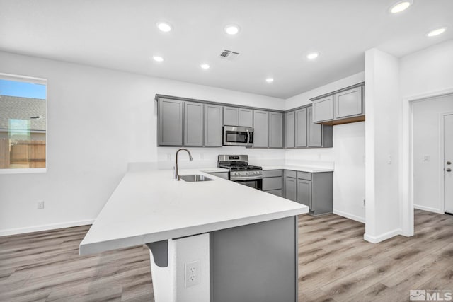 kitchen featuring gray cabinets, visible vents, appliances with stainless steel finishes, a sink, and a peninsula