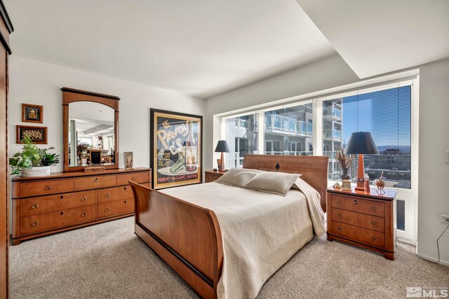 bedroom with light colored carpet