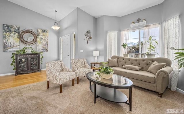 living area featuring baseboards and wood finished floors