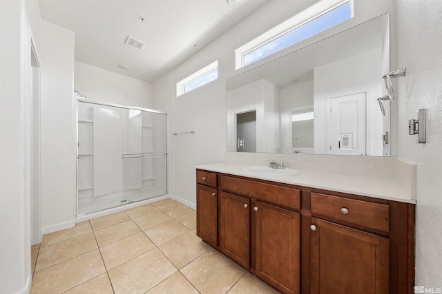 bathroom featuring vanity, a stall shower, tile patterned flooring, and visible vents