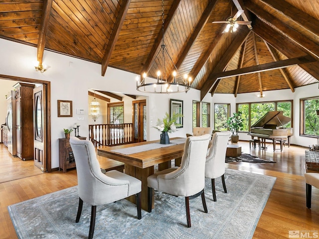 dining room with wood ceiling, high vaulted ceiling, light wood-style flooring, and a chandelier