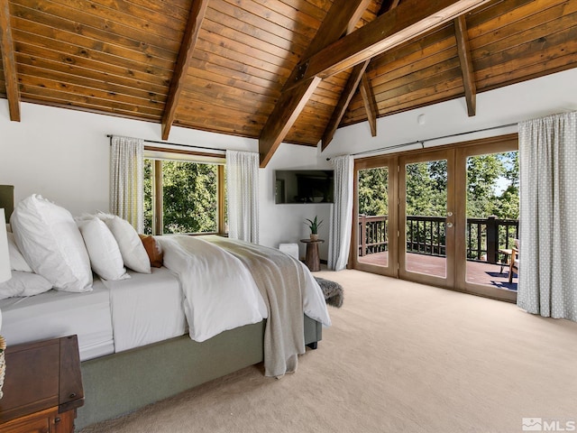 carpeted bedroom featuring vaulted ceiling with beams, access to exterior, wood ceiling, and french doors