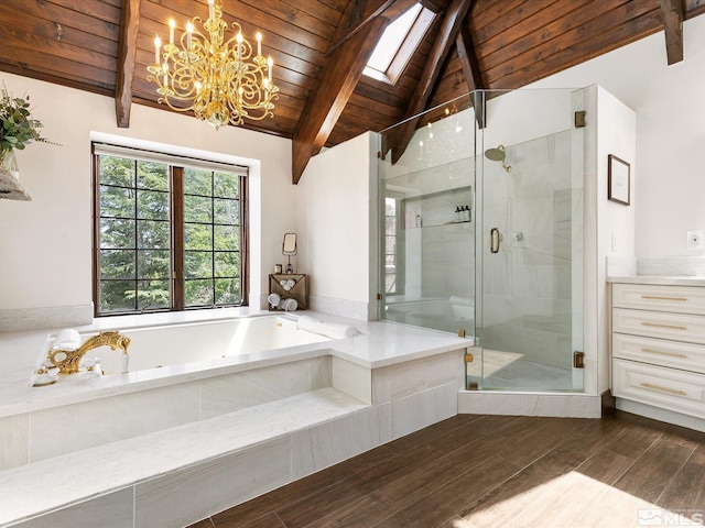 full bathroom with a stall shower, wooden ceiling, lofted ceiling with skylight, wood finished floors, and a garden tub