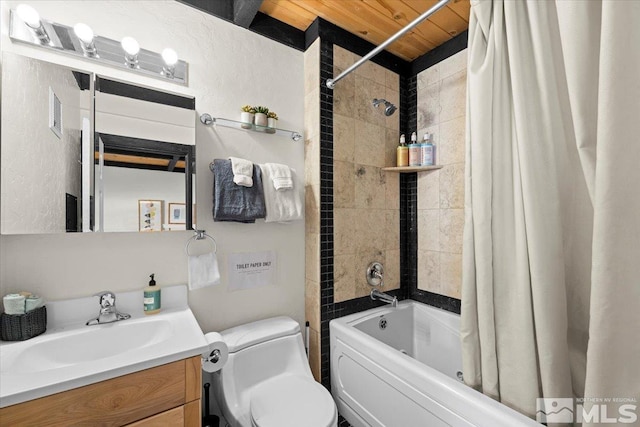 full bathroom with visible vents, toilet, shower / bath combo, wood ceiling, and vanity