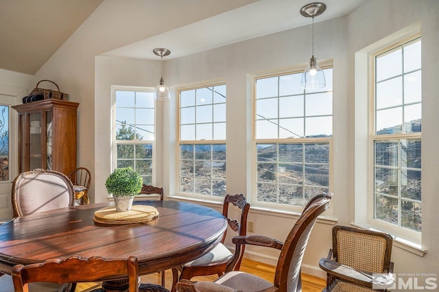 dining room featuring lofted ceiling, baseboards, and wood finished floors