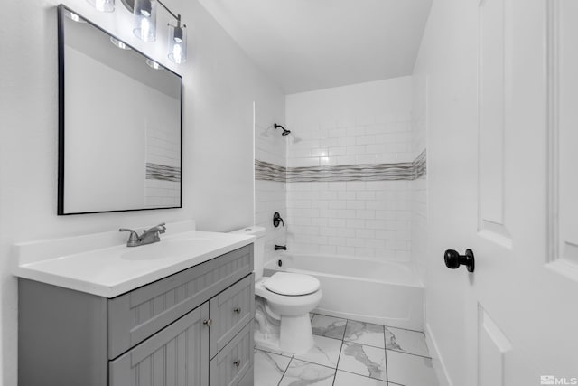 bathroom featuring toilet, vanity, baseboards, marble finish floor, and tub / shower combination