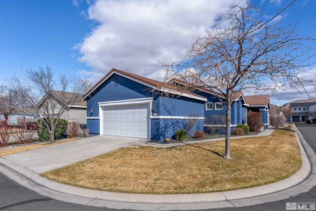 ranch-style house featuring an attached garage, a front yard, concrete driveway, and stucco siding