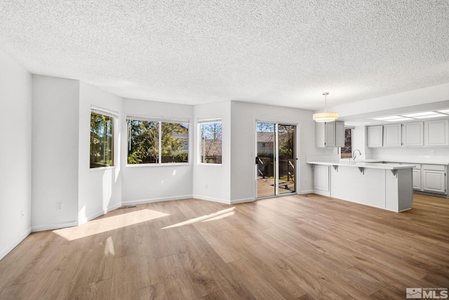 unfurnished living room with a textured ceiling, light wood finished floors, a sink, and baseboards